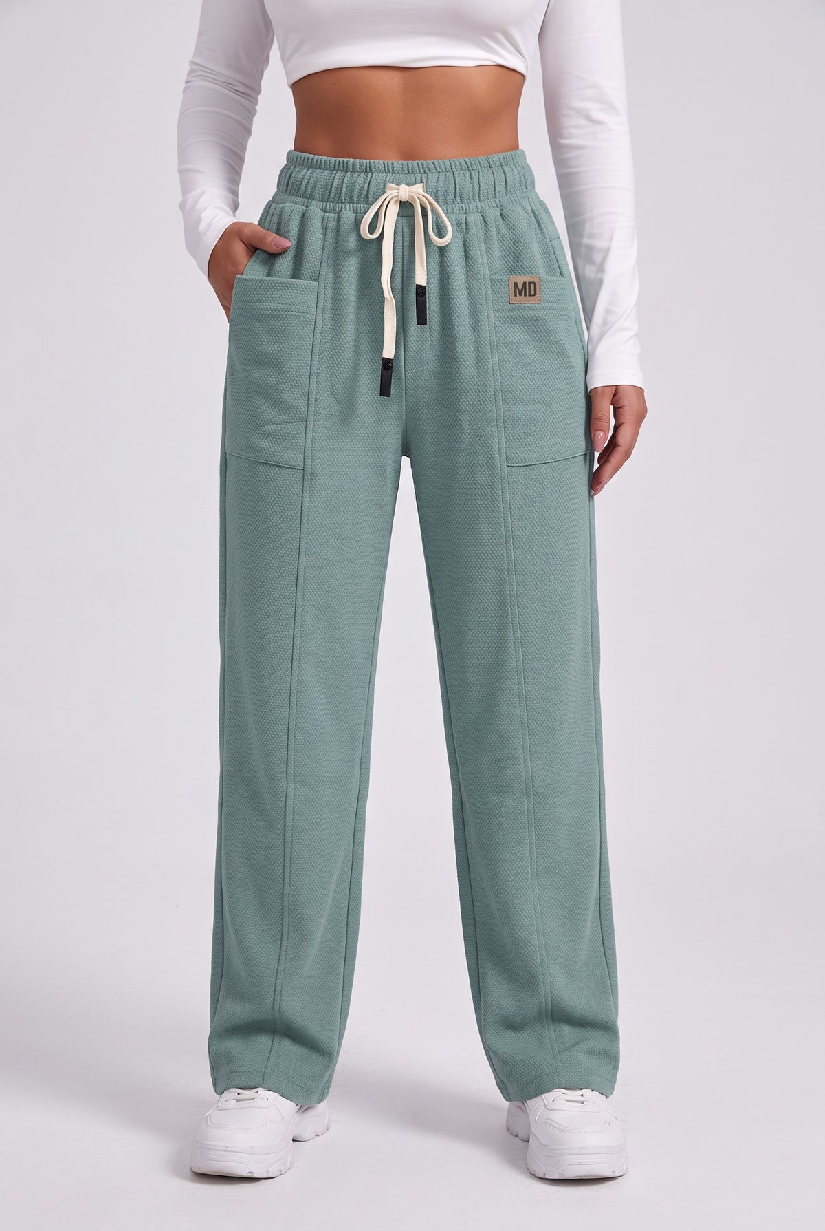 D-Code women's wide leg jeggings in pista green with drawstring waist and patch pockets