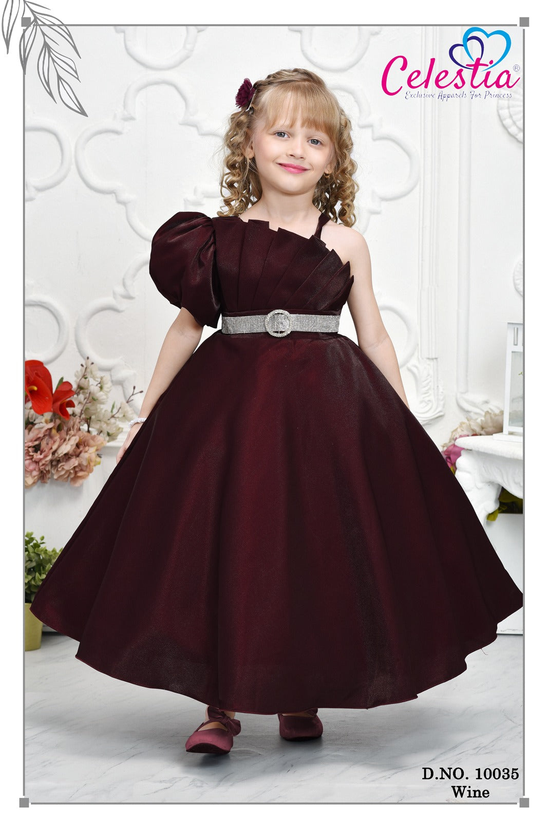 Celestia Girls Wine One Shoulder Puff Sleeve Gown in Wine
