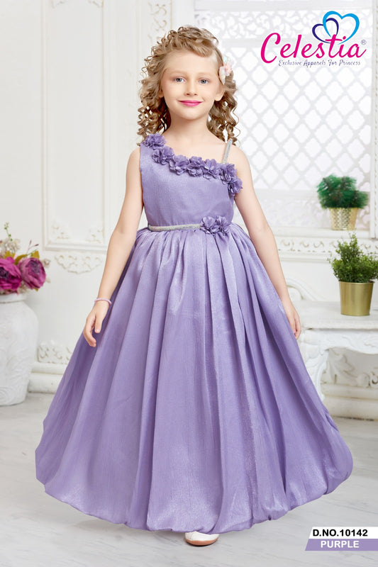 Celestia Girls Floral Trim One Shoulder Long Gown in Purple
