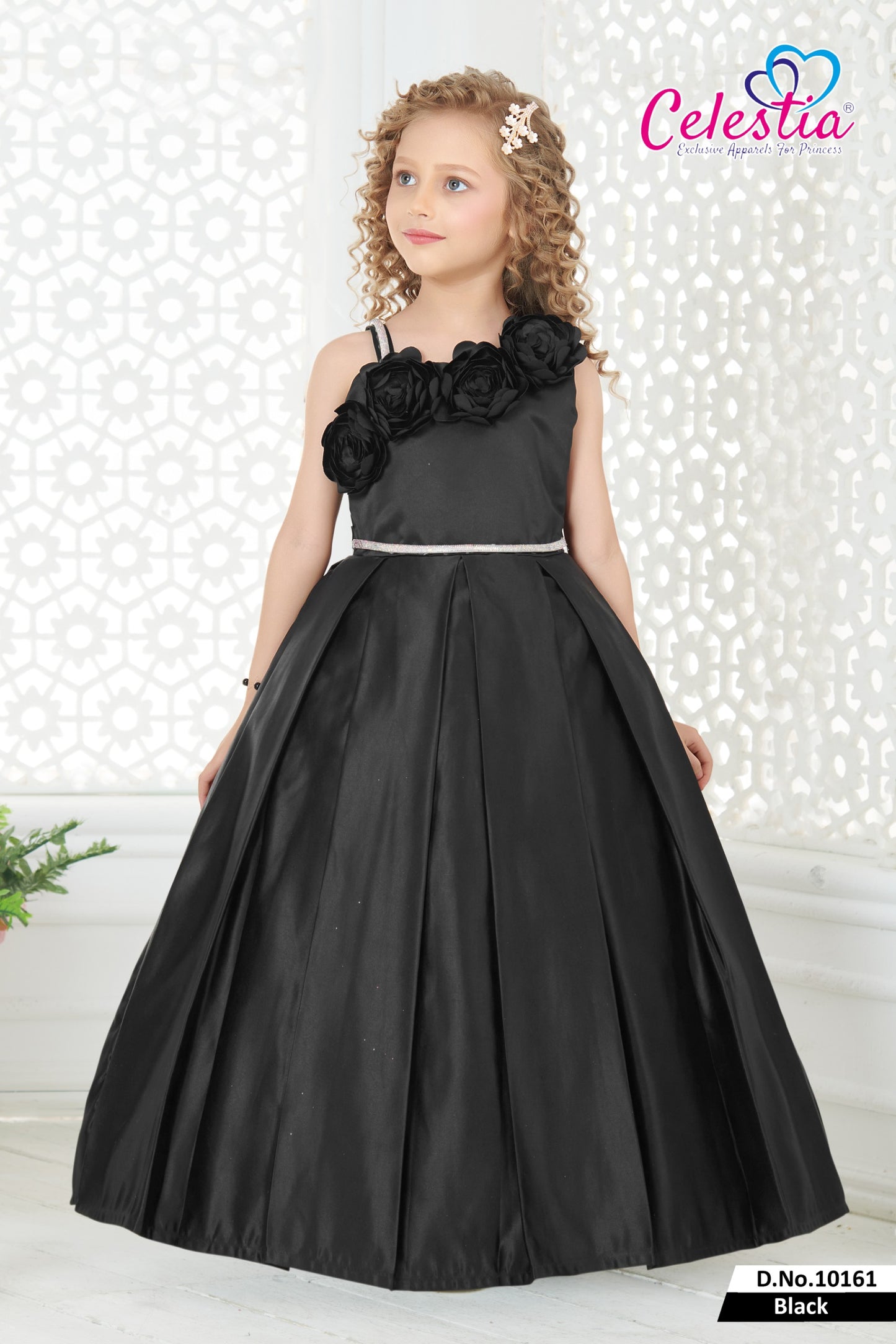 Celestia Girls Black Rosette Box Pleat Gown in Black