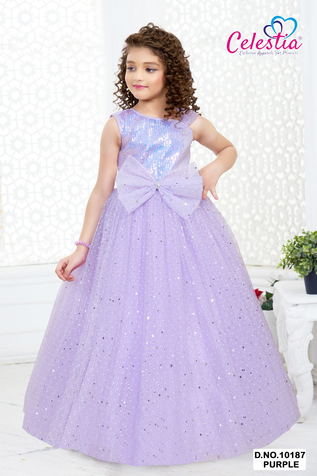 Celestia Girls Sequin Bow Glitter Net Gown in Purple