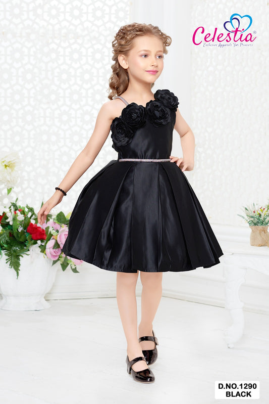 Celestia Girls Rosette Box Pleated Party Frock in Black