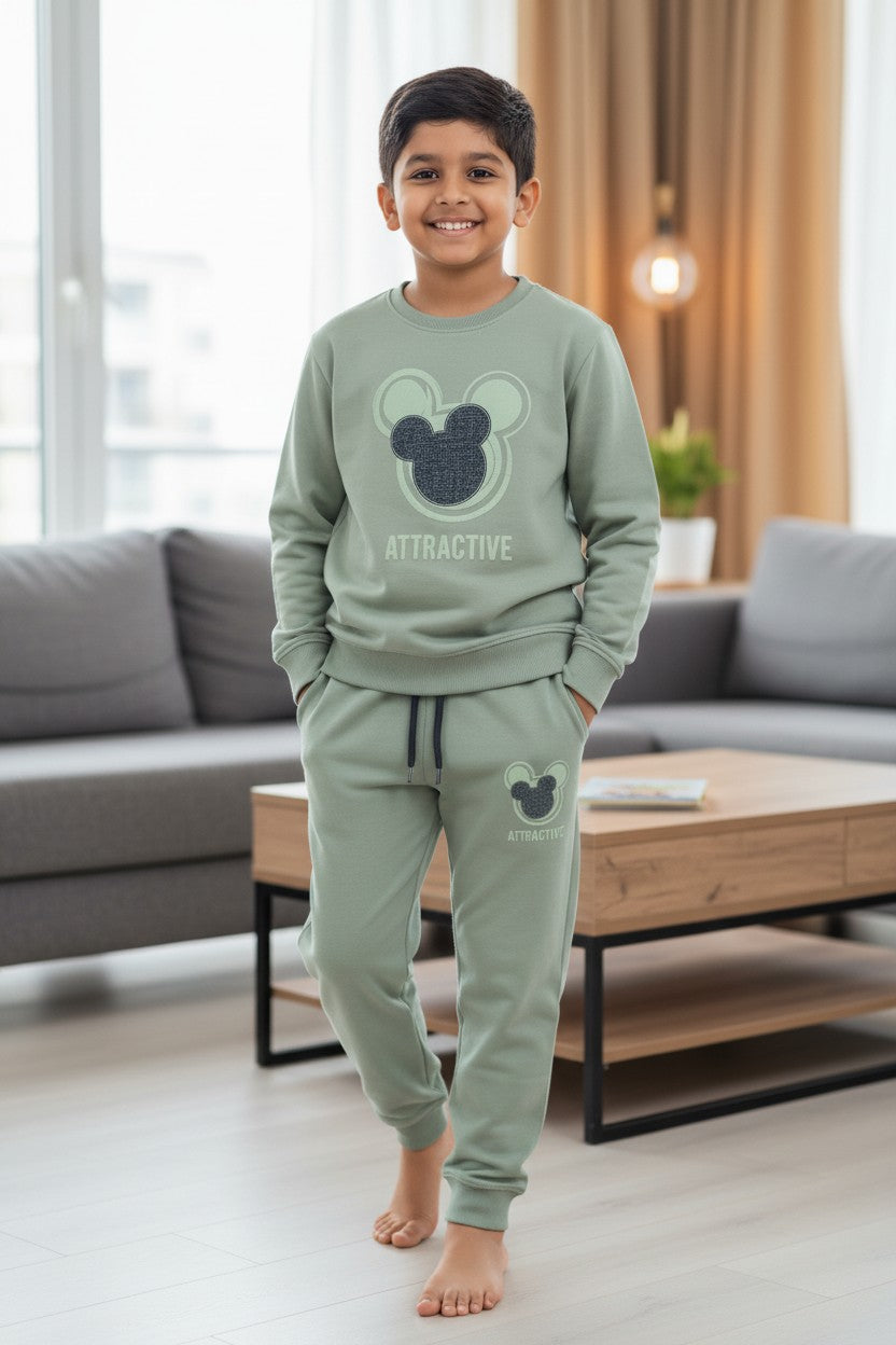 Tomato boys pista green mouse ear applique sweatshirt and jogger co-ord set