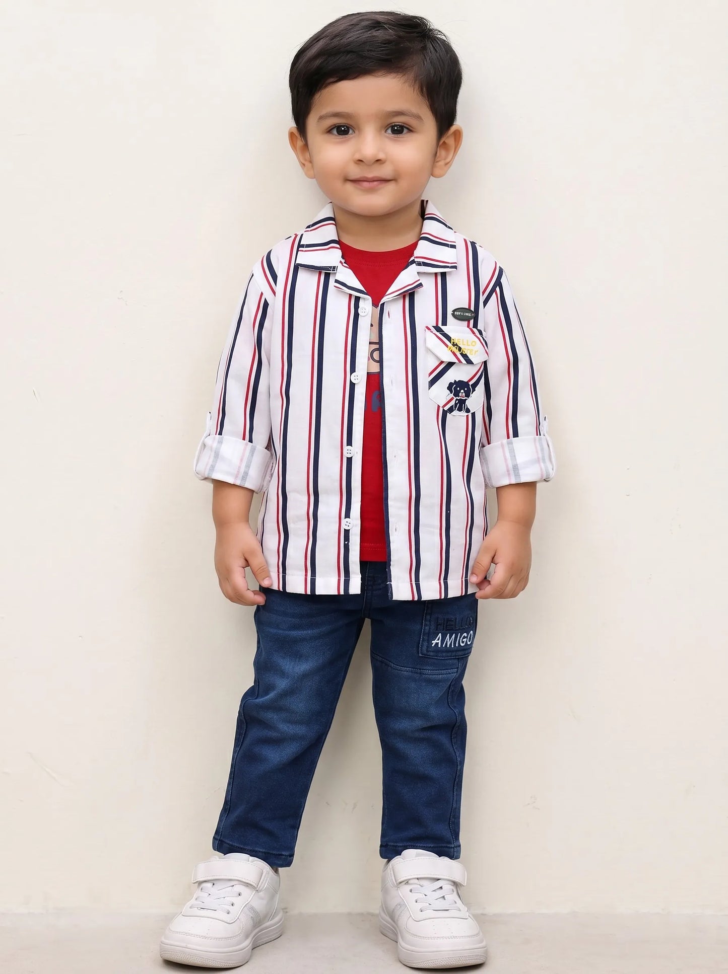 Boy in a white striped shirt with tee and blue jeans, Boyz Fun boys set