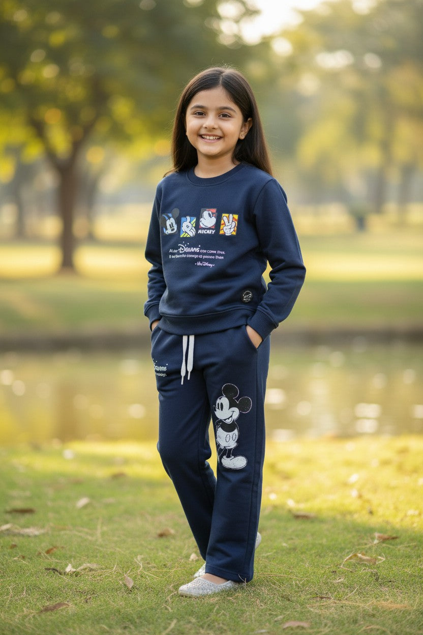 Hefty girls navy cartoon print sweatshirt and flared pant co-ord set