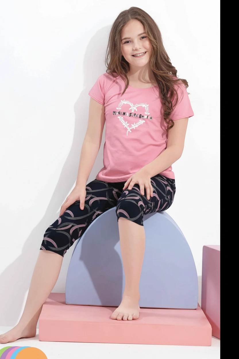 Girl in a pink printed top and navy printed capri, In Touche cotton night suit for kids