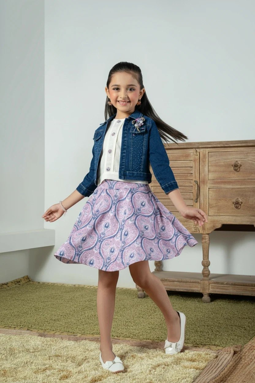 Girl in a purple denim jacket with printed skirt set by Mini Angel