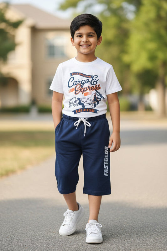 Rachit boys white Cargo Express print T-shirt with navy capri set