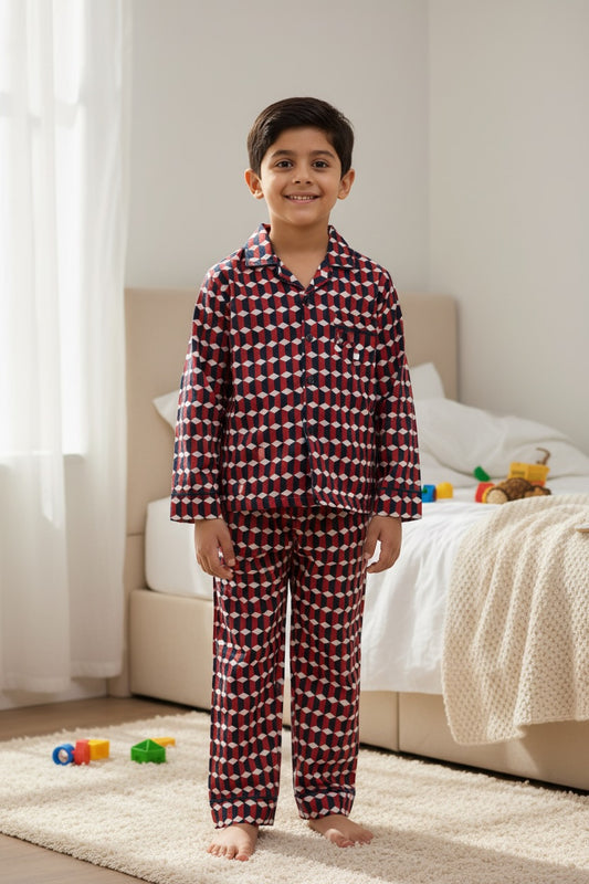 Ollypop Boys Geometric Print Cotton Night Suit - Red
