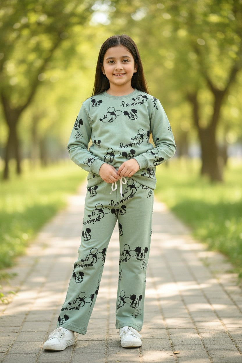 Tomato girls pista green cartoon print sweatshirt and pant co-ord set