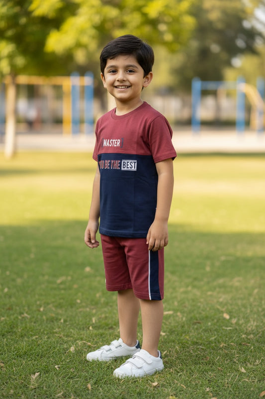Gro Junior Boys Colourblock Tee and Shorts Set - Mid Red
