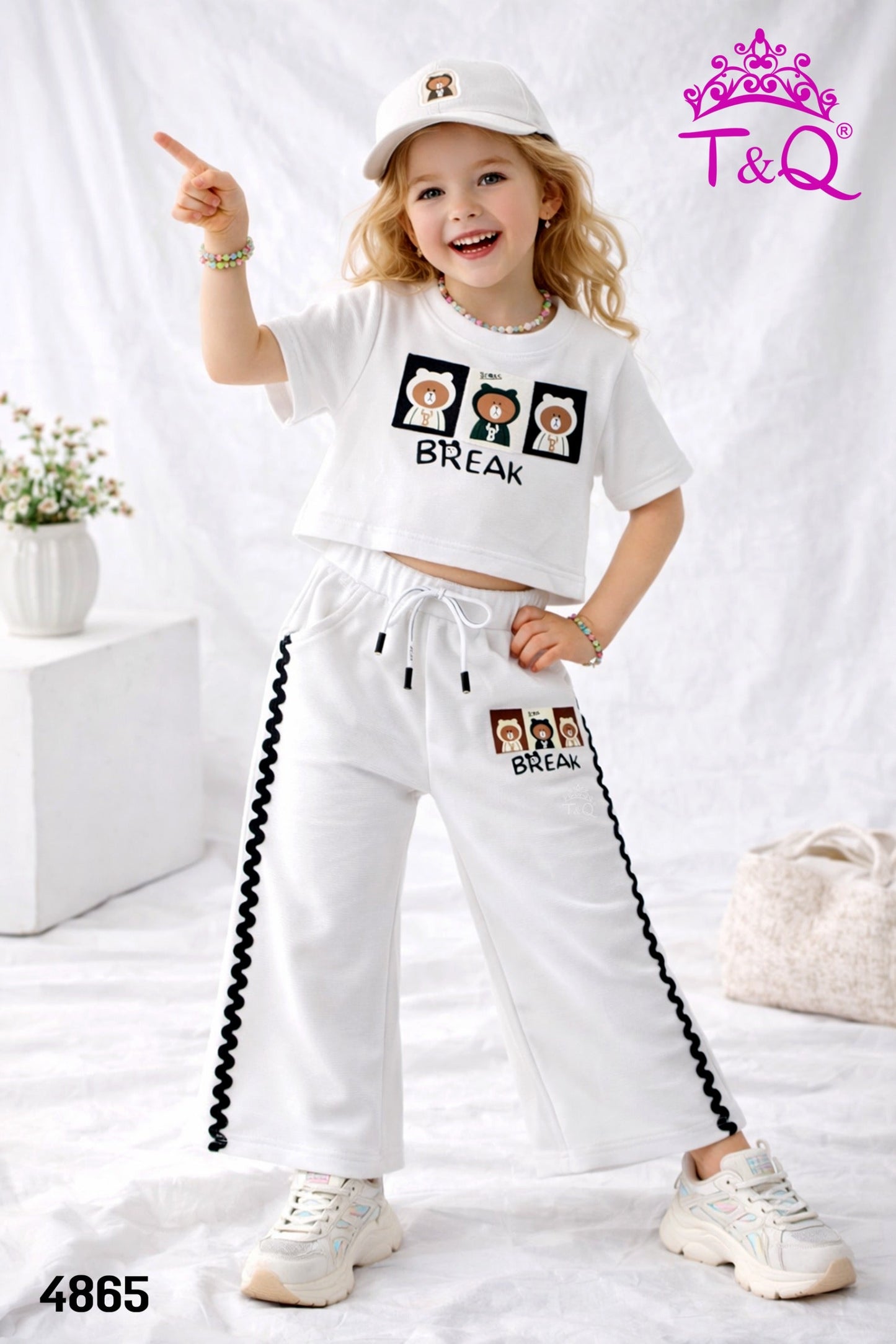 T&Q girls white bear print crop top and wide-leg trousers co-ord set - Design 4865