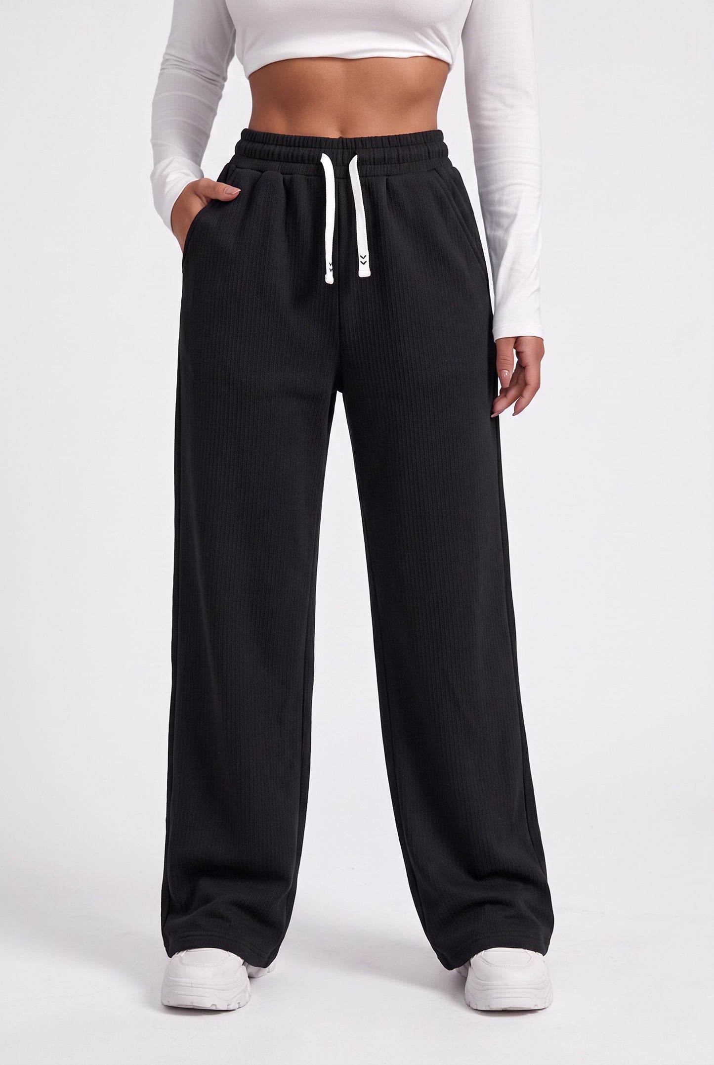 D-Code women's black textured wide leg jeggings with drawstring waist and side pockets