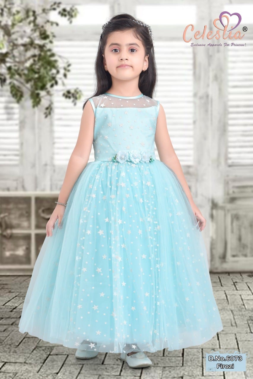 Celestia Girls Star Print Net Long Gown in C.Green