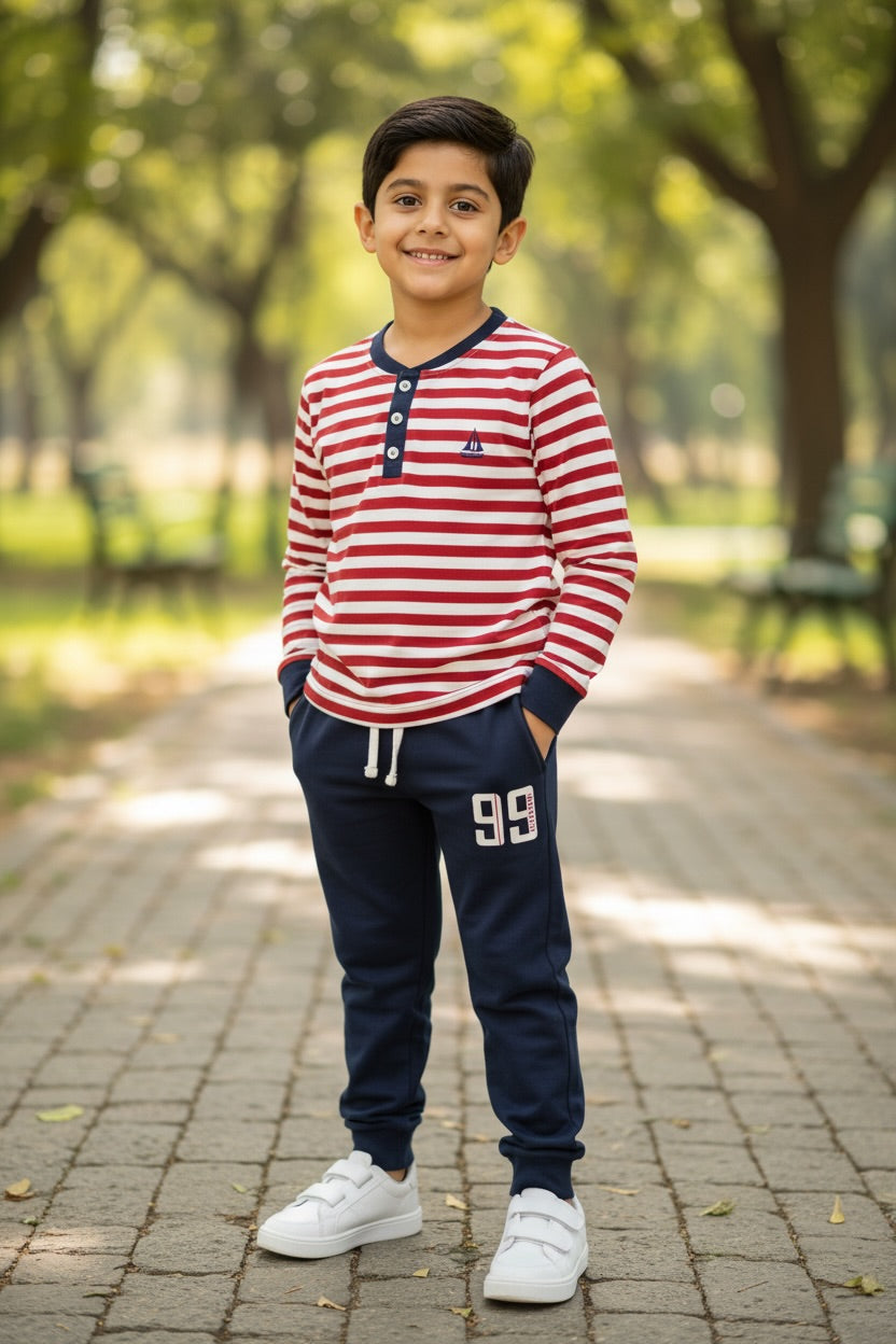 Ollypop Boys Striped Henley Cotton Full Sleeve Set - Red