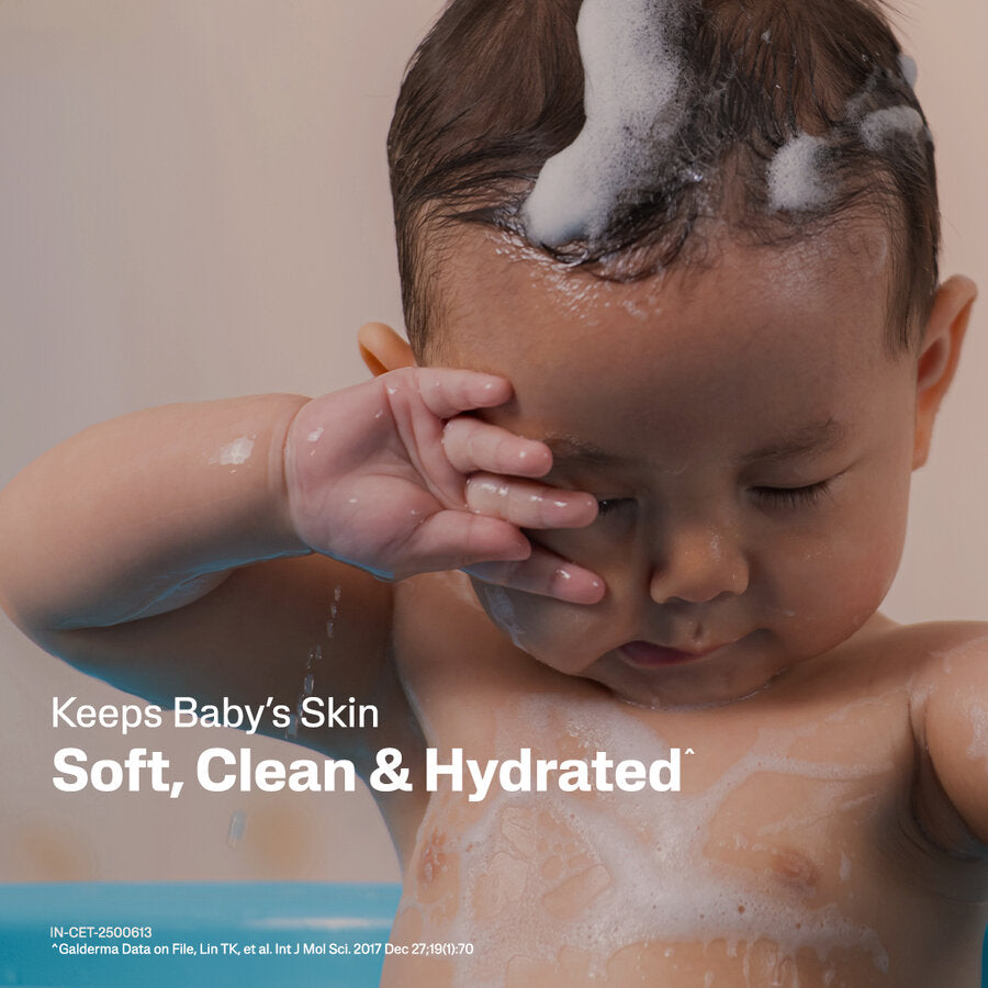 Baby being bathed, Cetaphil Baby mild bar keeps skin soft, clean and hydrated