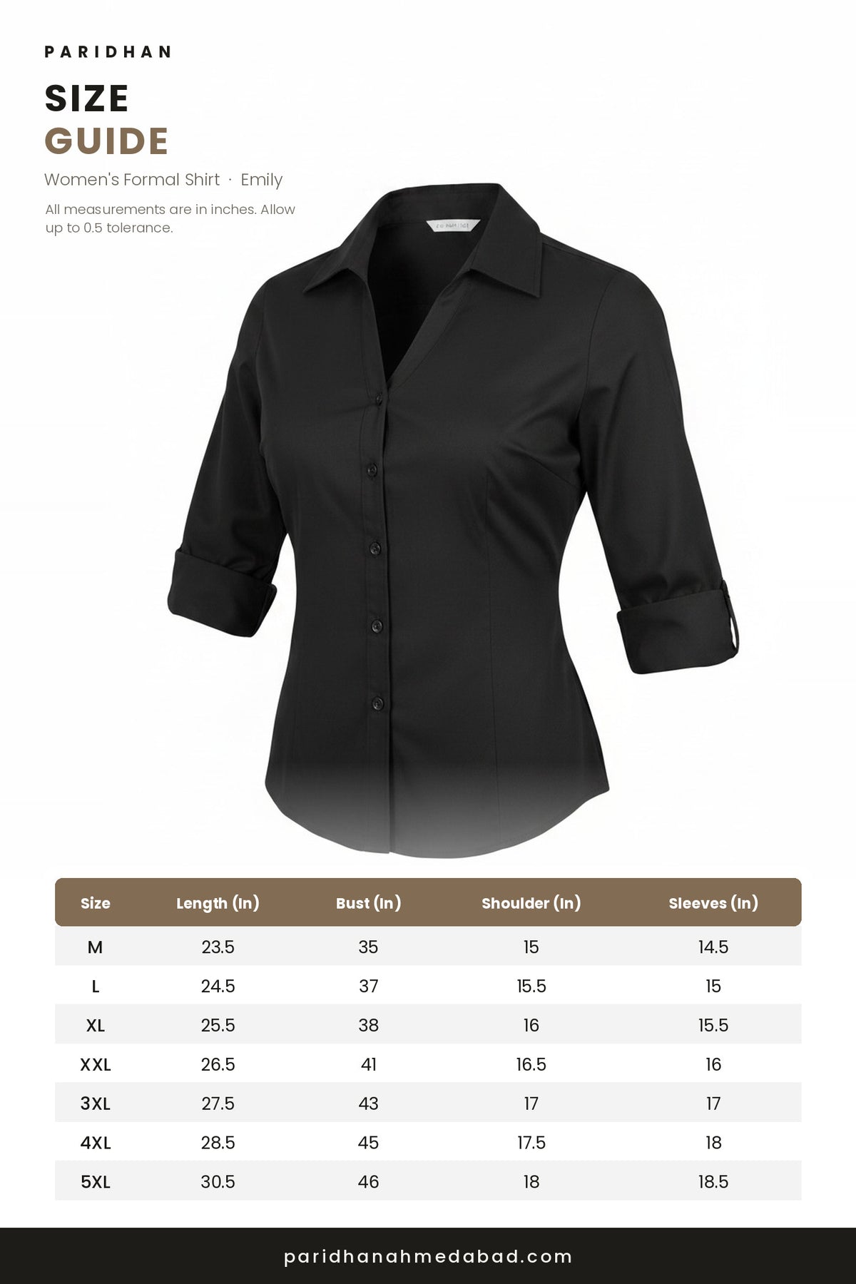 Emily women's formal shirt size guide - M to 5XL, measurements in inches