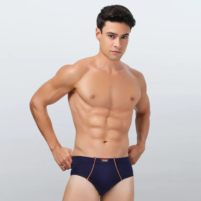 Rupa Euro men's cotton brief in an assorted blue shade, worn by a model