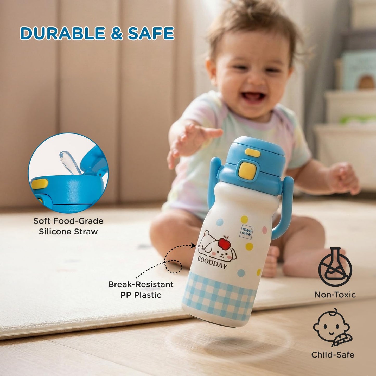 Baby holding the Mee Mee Hydro Flow insulated bottle by its durable handle