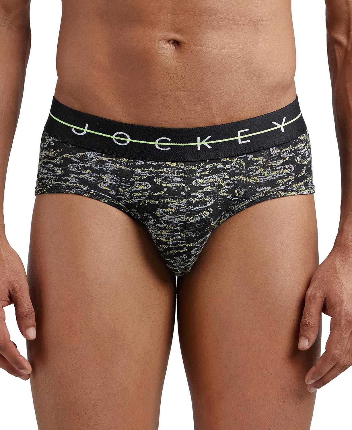Jockey men's stretch brief in a dark grey and black printed design