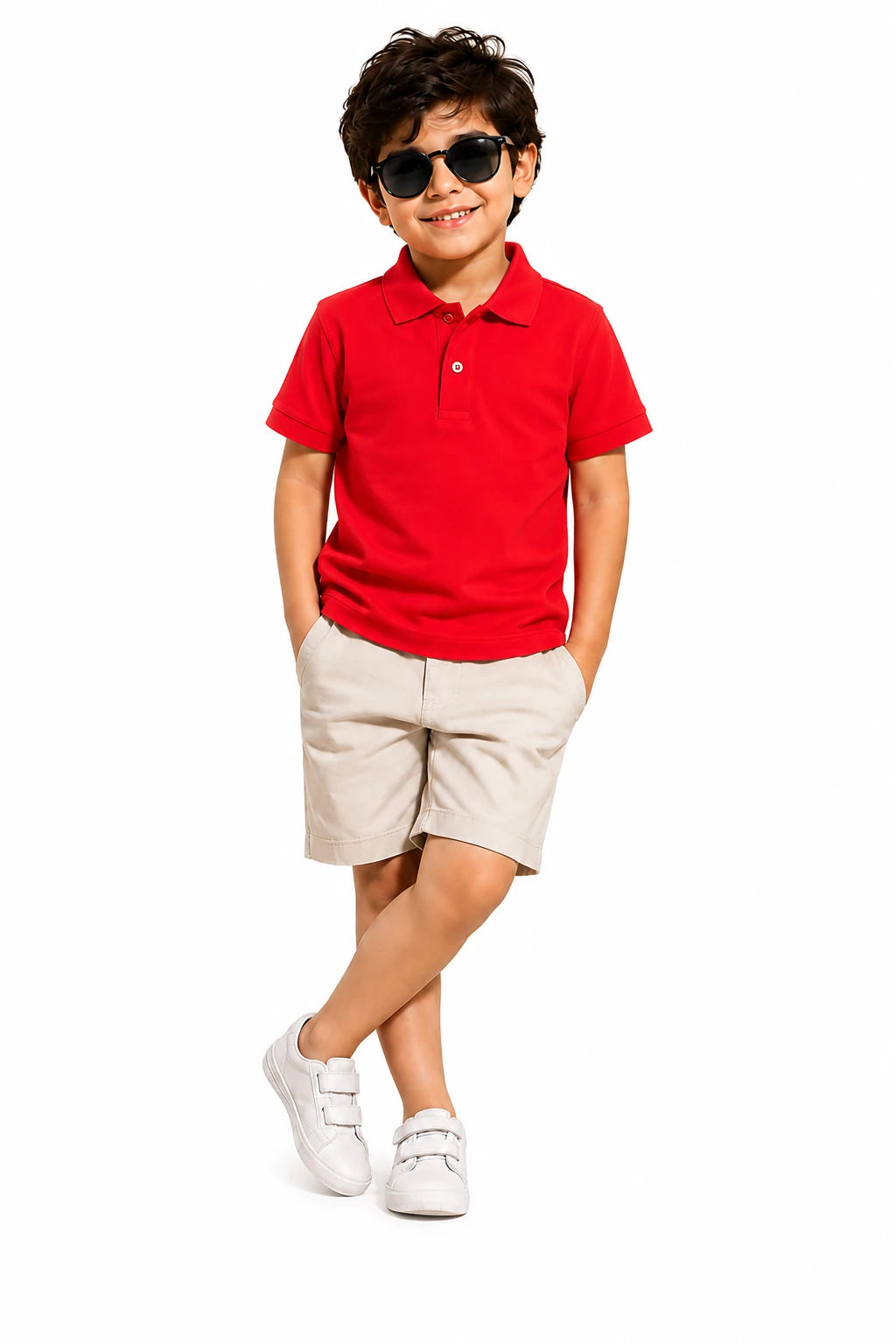 Boy wearing a BB red half sleeve premium polo t-shirt with beige shorts