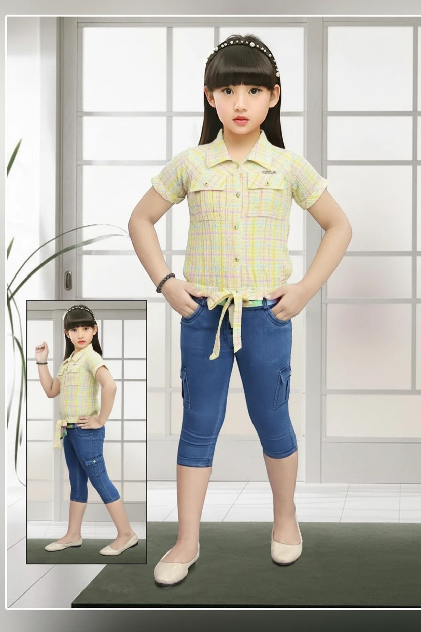 Girl in a yellow checked tie-front top and denim capri, Mini Betti suit set