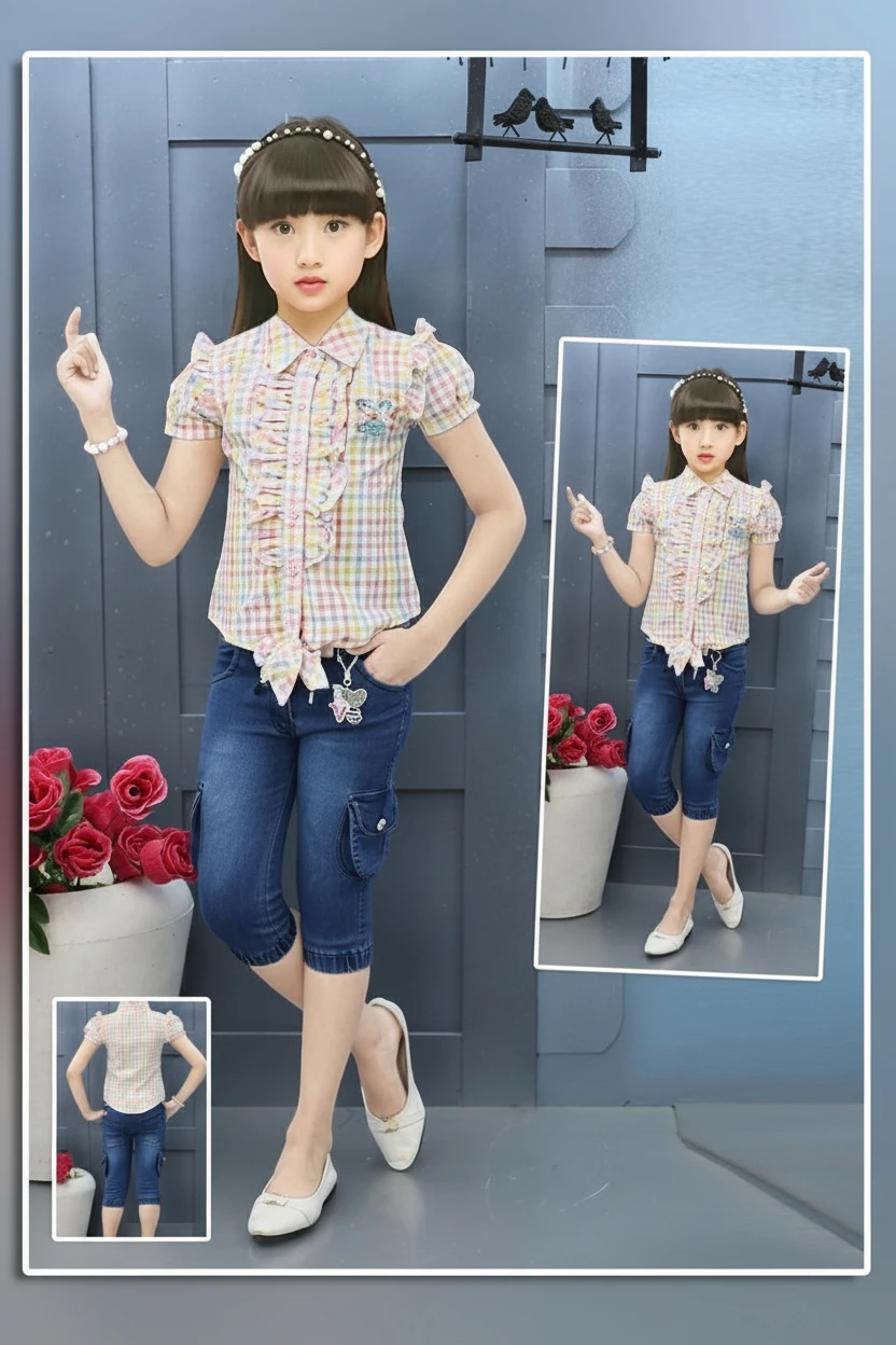 Girl in a pink checked ruffle top and denim capri, Mini Betti girls capri set