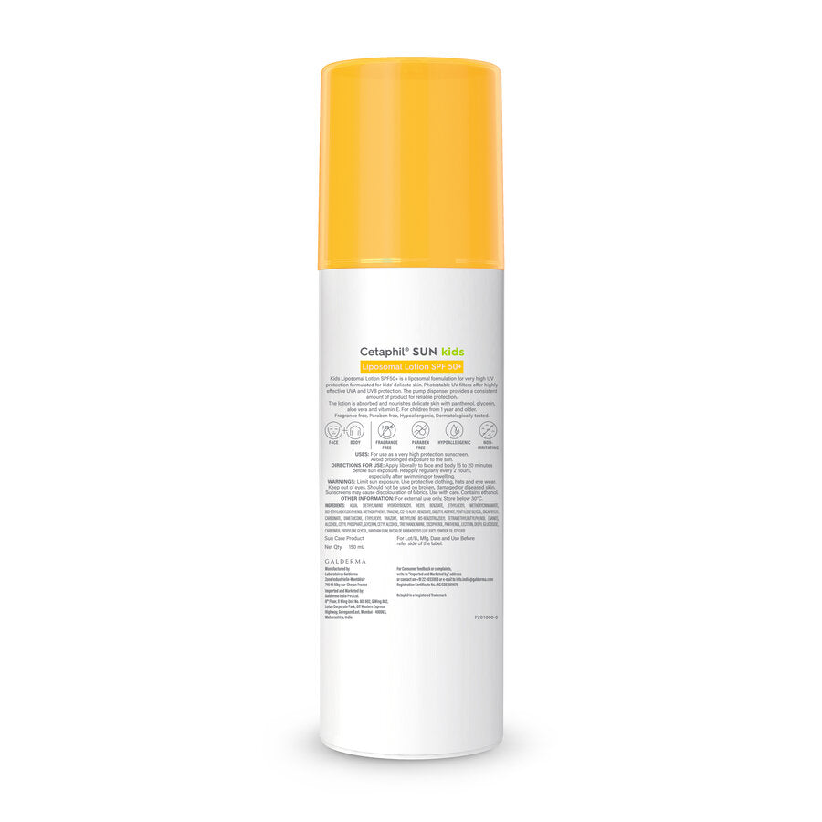 Back of the Cetaphil Sun Kids SPF 50 plus lotion bottle with directions