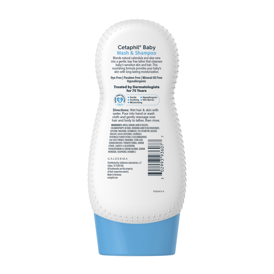 Back label of the Cetaphil Baby moisturising bath and wash bottle