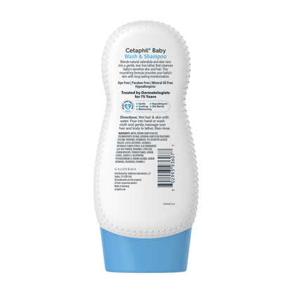 Back label of the Cetaphil Baby moisturising bath and wash bottle