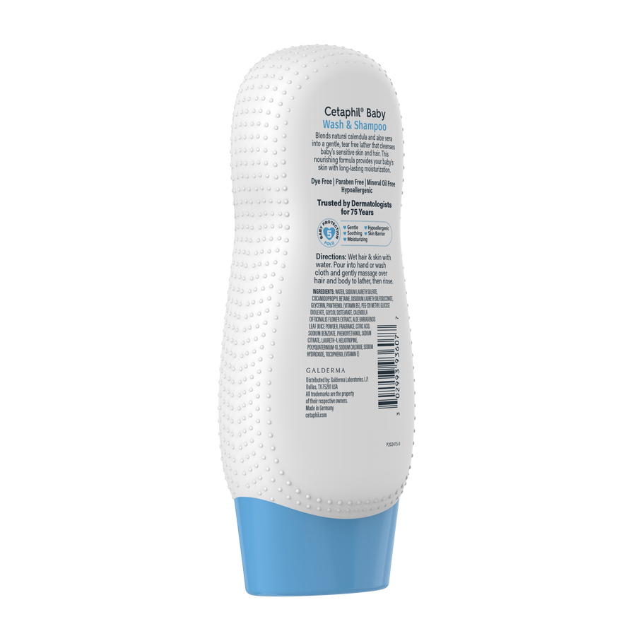 Cetaphil Baby bath and wash bottle rear left angle showing directions