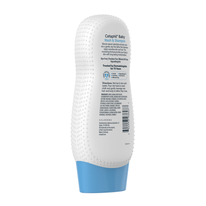 Cetaphil Baby bath and wash bottle rear left angle showing directions