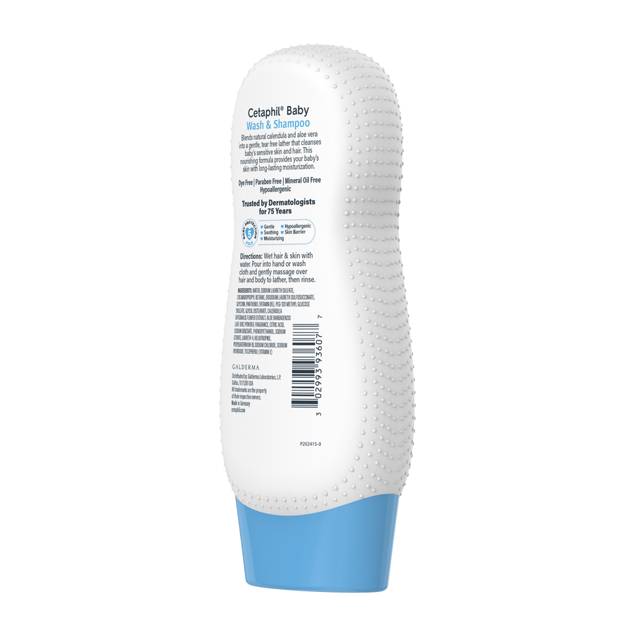 Cetaphil Baby bath and wash bottle rear right angle showing ingredients