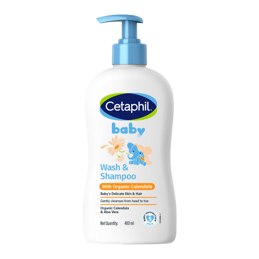 Cetaphil Baby wash and shampoo with organic calendula, pump bottle front view