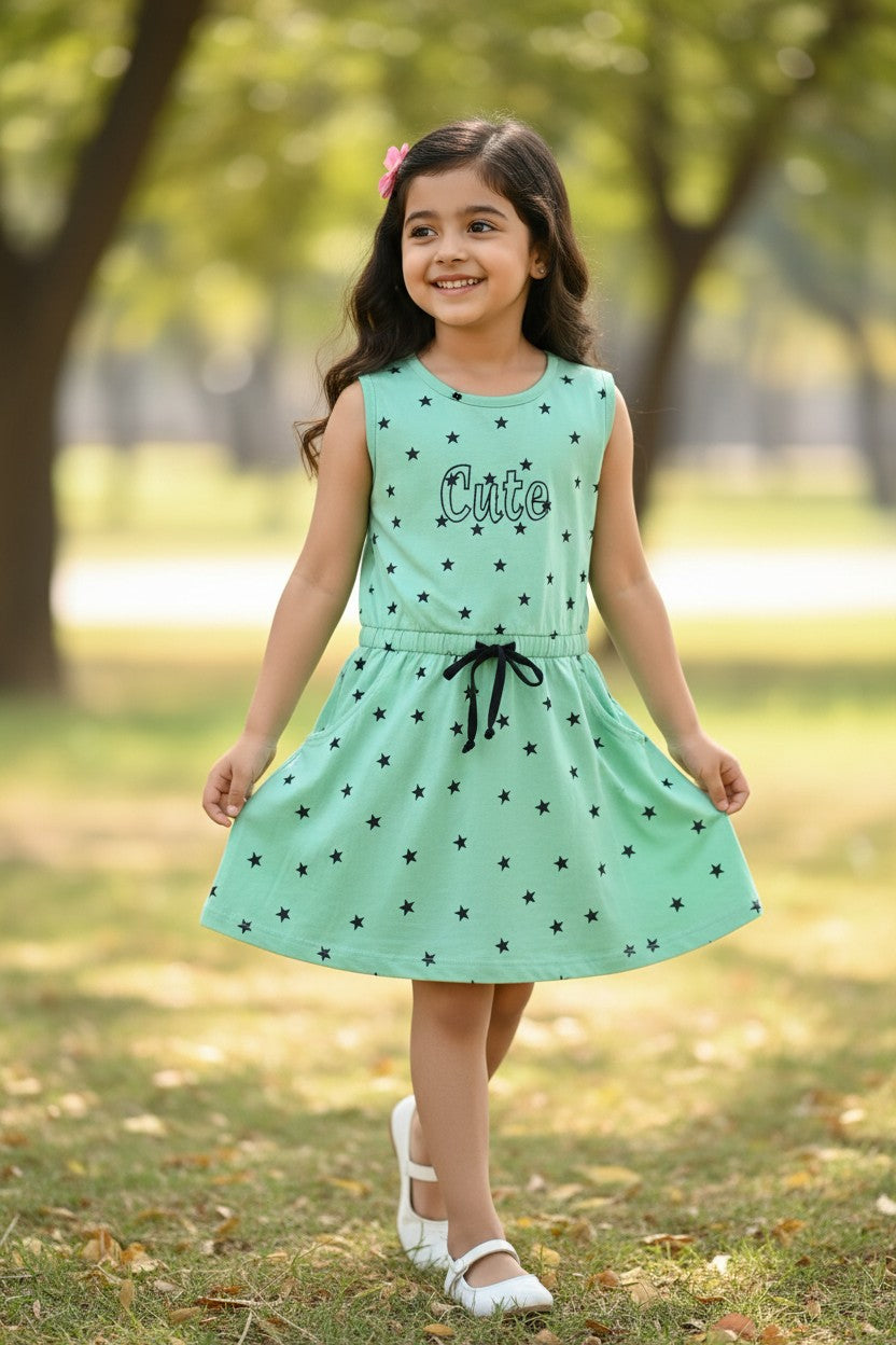 Tomato girls lime star print sleeveless frock with tie waist