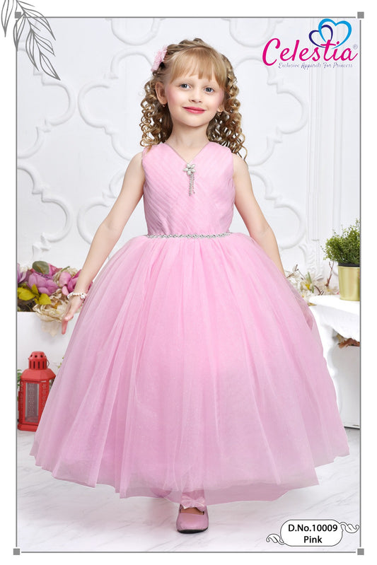 Celestia Girls Pink Pleated V Neck Gown in Pink