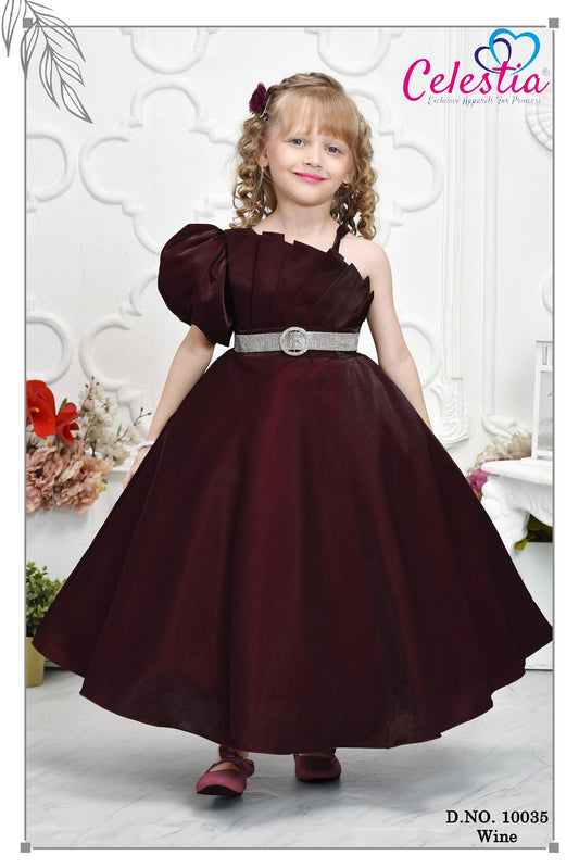 Celestia Girls Wine One Shoulder Puff Sleeve Gown in Wine