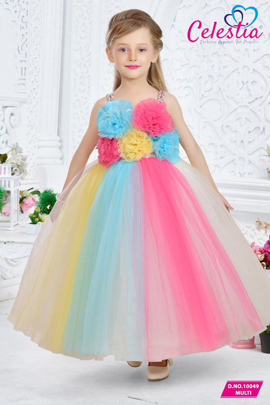 Celestia Girls Rainbow Pom Pom Long Gown in Multi