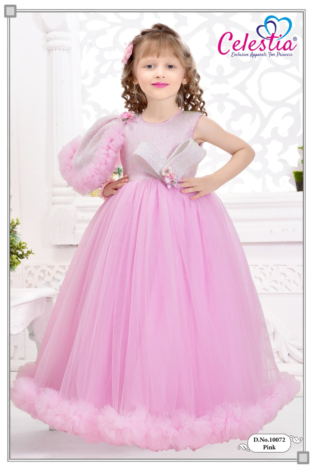 Celestia Girls Pink Ruffle Hem Shimmer Gown in Pink