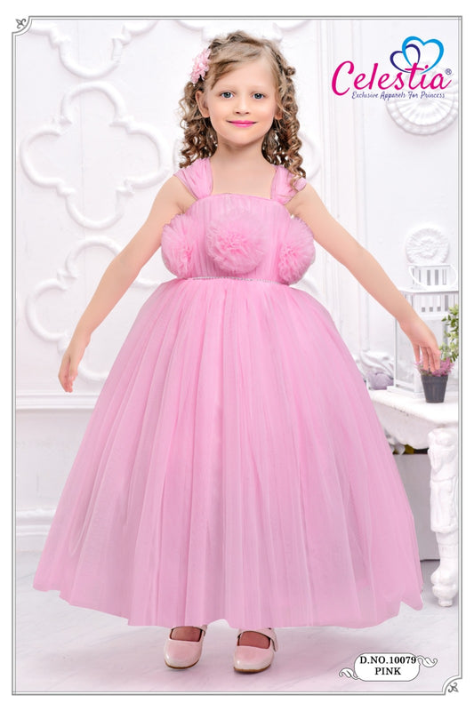 Celestia Girls Pink Pom Pom Bodice Long Gown in Pink