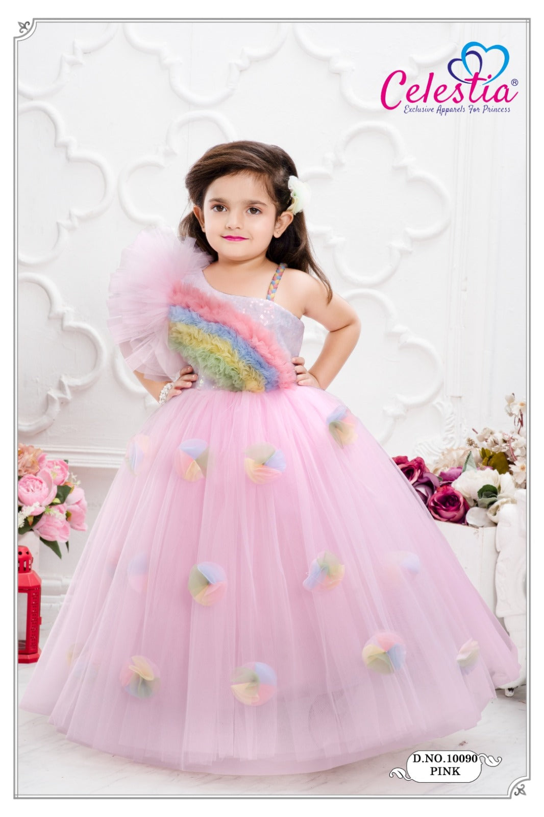 Celestia Girls Rainbow Ruffle Pom Pom Gown in Pink