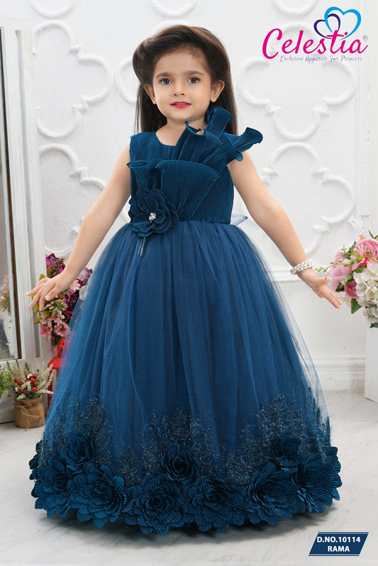 Celestia Girls Rama Blue Floral Border Long Gown in Rama