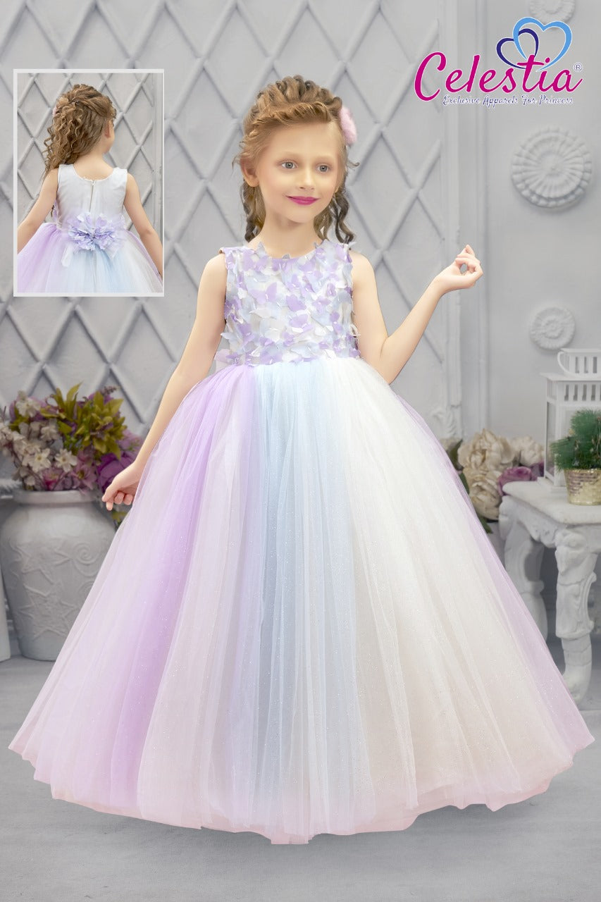 Celestia Girls White Lilac Ombre Long Gown in White