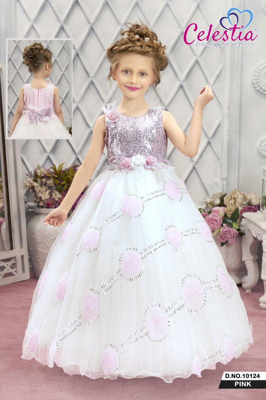 Celestia Girls White Rosette Crystal Long Gown in Pink