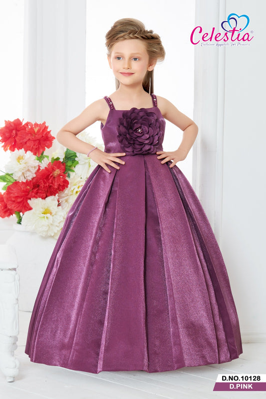 Celestia Girls Rosette Box Pleat Satin Gown in D.Pink