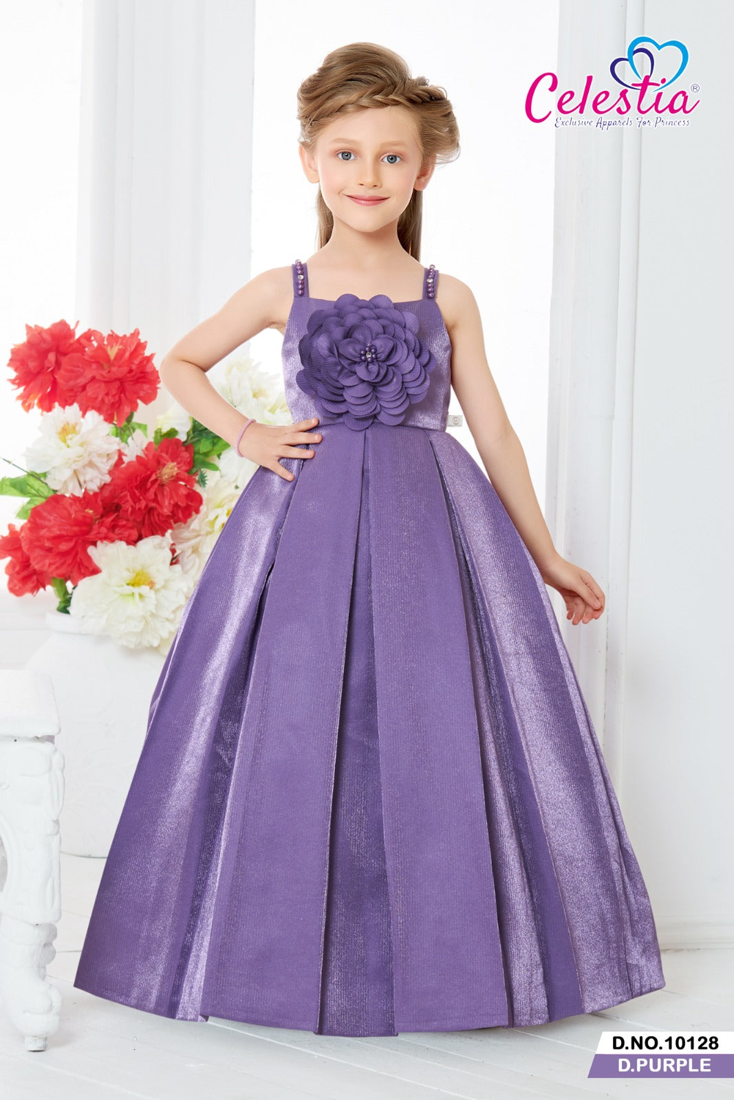 Celestia Girls Rosette Box Pleat Satin Gown in Purple