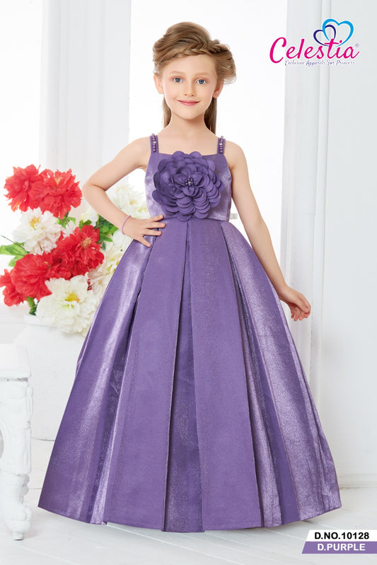 Celestia Girls Rosette Box Pleat Satin Gown in Purple