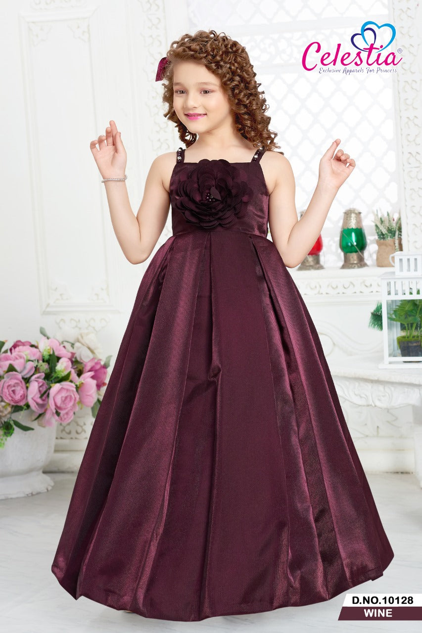 Celestia Girls Rosette Box Pleat Satin Gown in Wine