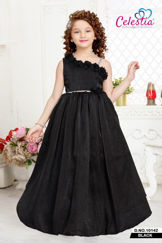 Celestia Girls Floral Trim One Shoulder Long Gown in Black
