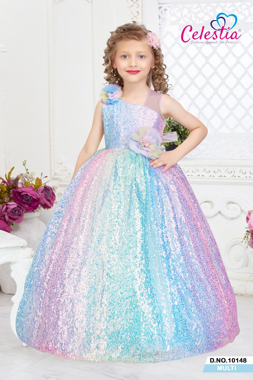 Celestia Girls Iridescent Sequin Pastel Long Gown in Multi